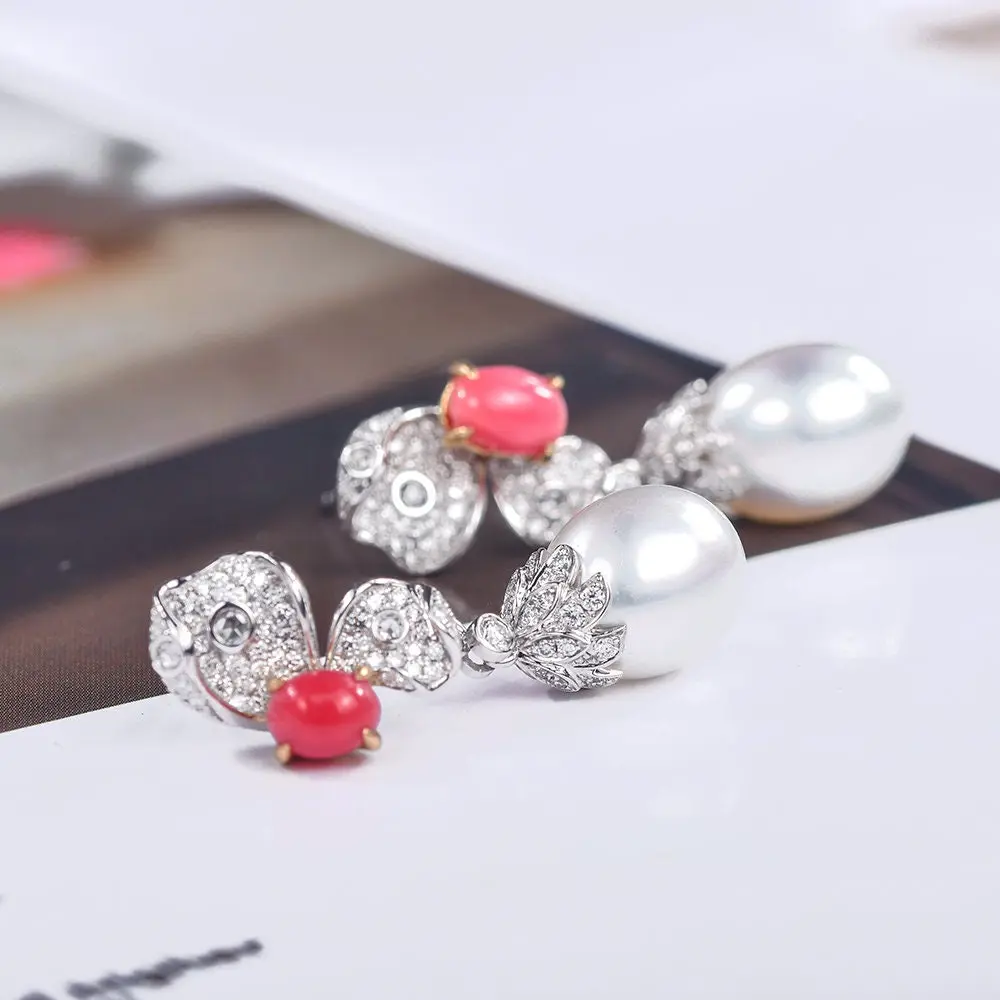 Queen Conch Pearl & White Diamond Baroque Pearl Earrings 18K White Gold Flower Earrings (Customize), Strombus Gigas, Flamed Pink Pearl - Image 4
