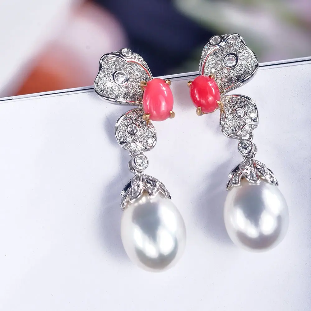 Queen Conch Pearl & White Diamond Baroque Pearl Earrings 18K White Gold Flower Earrings (Customize), Strombus Gigas, Flamed Pink Pearl - Image 3